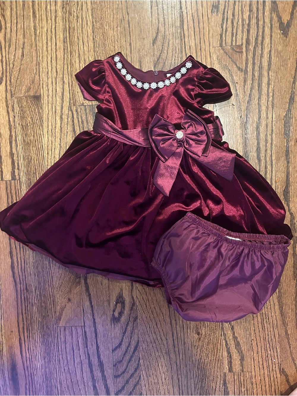 Rare Editions Burgundy Velvet Bow Dress with Bloom Trim